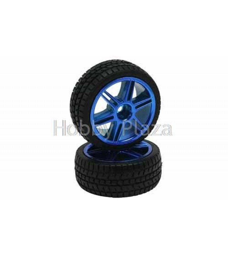 Blue 6 dual-spoke Painted Wheels + Tires (1/10 Car)