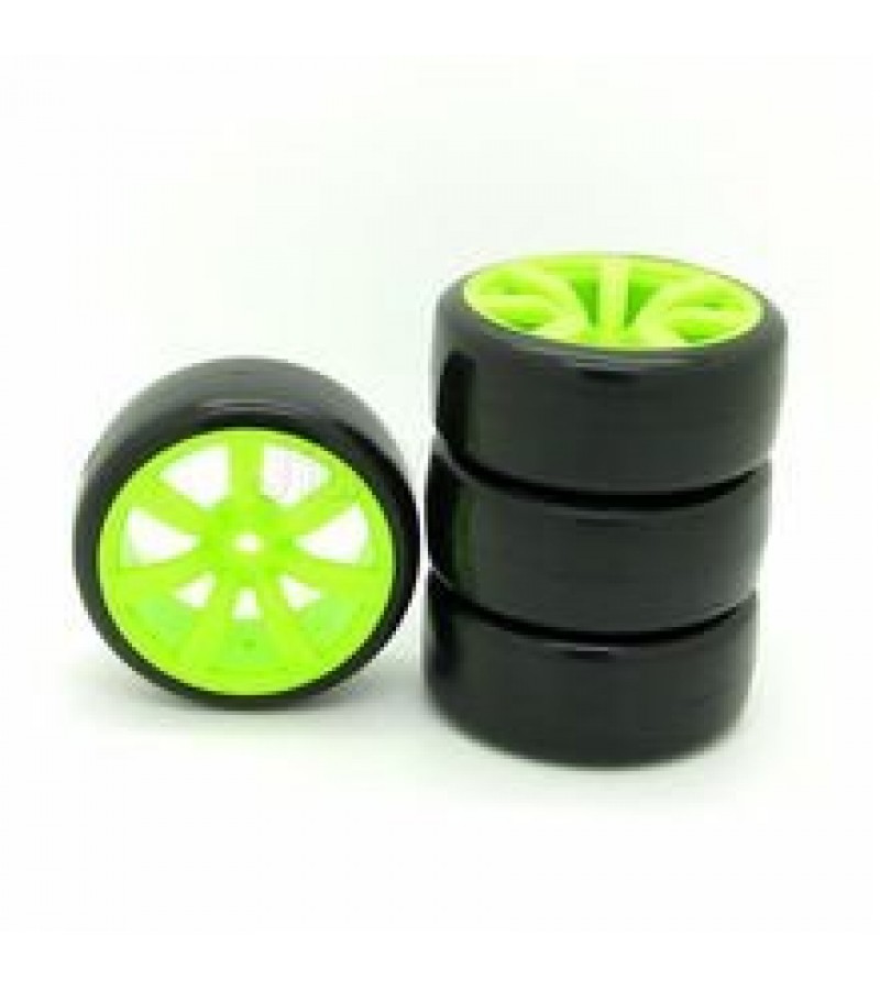 RC On Road Car Plastic 7 Spoke Wheel Rims & Tires Rubber Drift Green